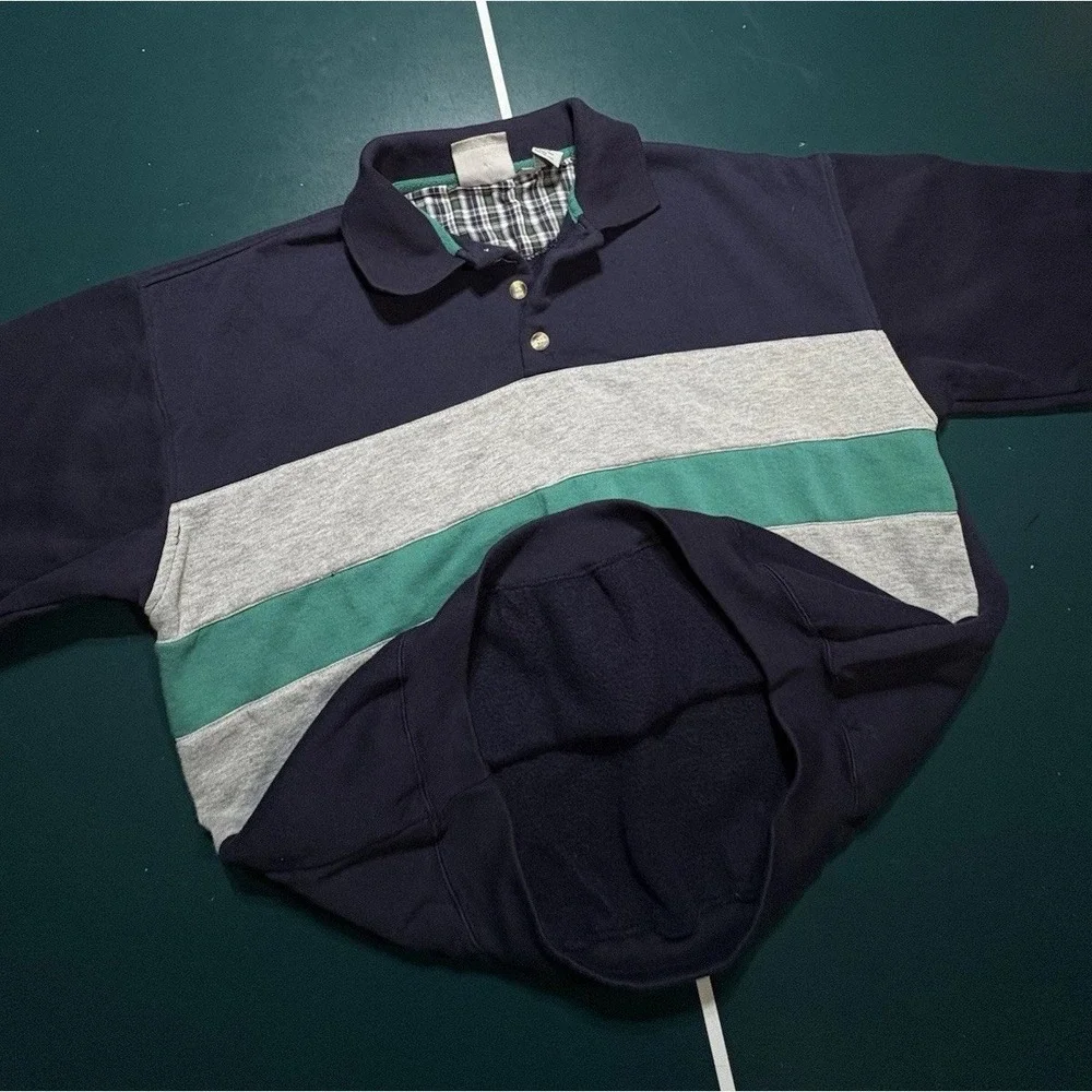 Vintage Rugby Sweater Men Large Striped Pullover 90s Retro Gray Navy Color Block
